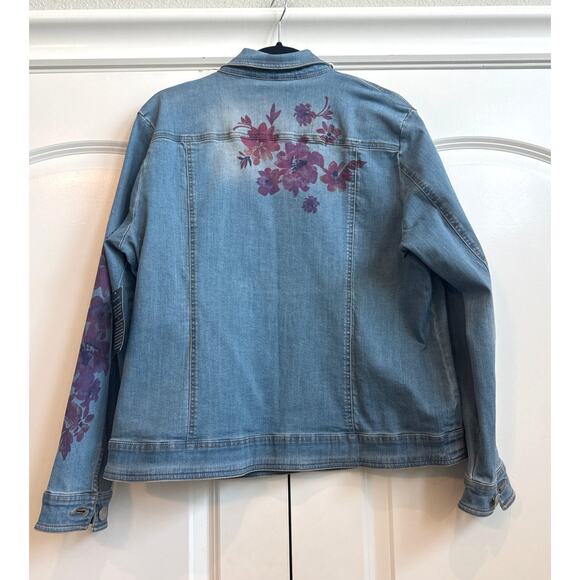 Coldwater Creek Stretchy Blue Jean Jacket with Pink/Purple Watercolor Flowers - Picture 8 of 8